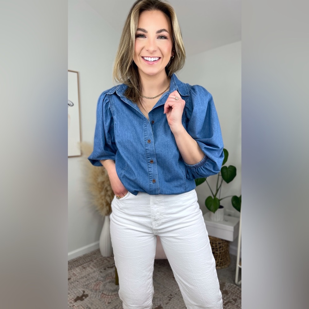 Amazon Lookbookstore Chambray Denim Button Down Puff Sleeve Jean Blouse, Small
